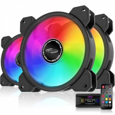 강원전자 넷메이트 Inner Ring ARGB 120mm 쿨링팬(블랙/3PACK + 팬허브 + 리모컨) [EZDIY-FAB] NM-DPR04415