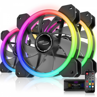 강원전자 넷메이트 Dual Ring ARGB 120mm 쿨링팬(블랙/3PACK + 팬허브 + 리모컨) [EZDIY-FAB] NM-DPR04411