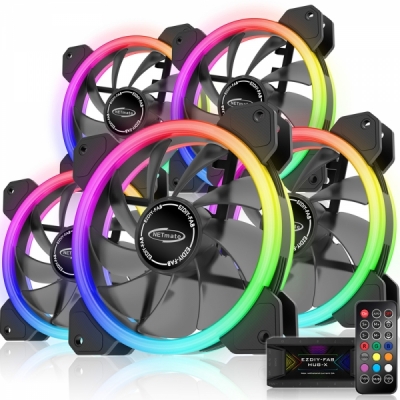 강원전자 넷메이트 Dual Ring ARGB 120mm 쿨링팬(블랙/5PACK + 팬허브 + 리모컨) [EZDIY-FAB] NM-DPR04412